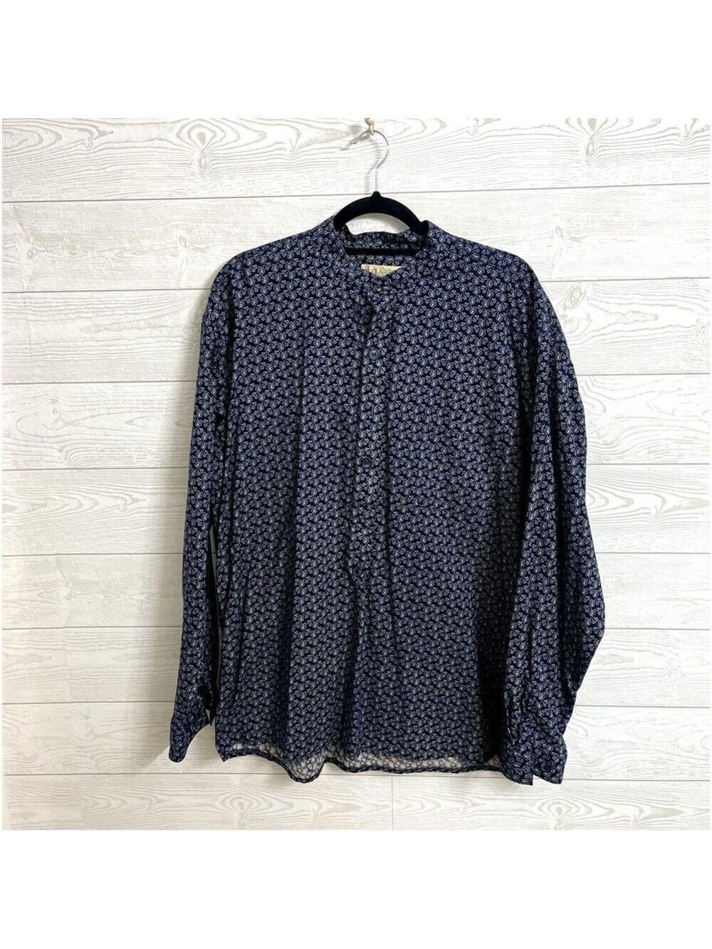 Old West Style Men’s Navy Blue Leaf Pattern Long Sleeve Button Down Shirt